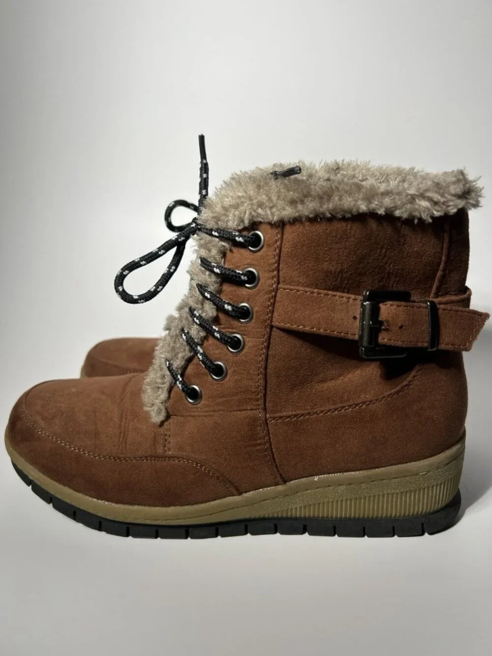 JustFab Women’s Tall Boots Size 7 Brown Faux Leather Lace-Up Buckle